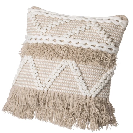 16 Handwoven Cotton Throw Pillow Cover With White Dot Pattern And Natural Tassel Fringe Lines